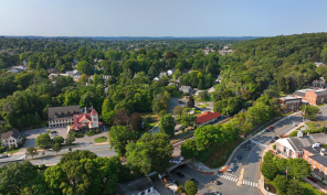 Picture of a local town displaying houses, roads, and trees.