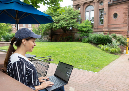 Woman checking on her WSB bank account using WSB Online Banking.